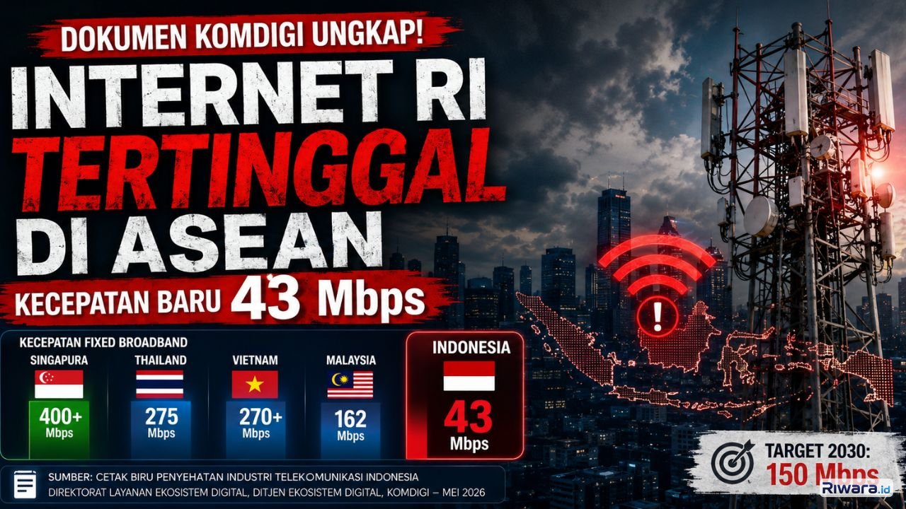 Internet Indonesia masih tertinggal di ASEAN Dokumen Komdigi mencatat kecepatan fixed broadband RI baru mencapai 43 Mbps dan berada di peringkat ke-119 dunia